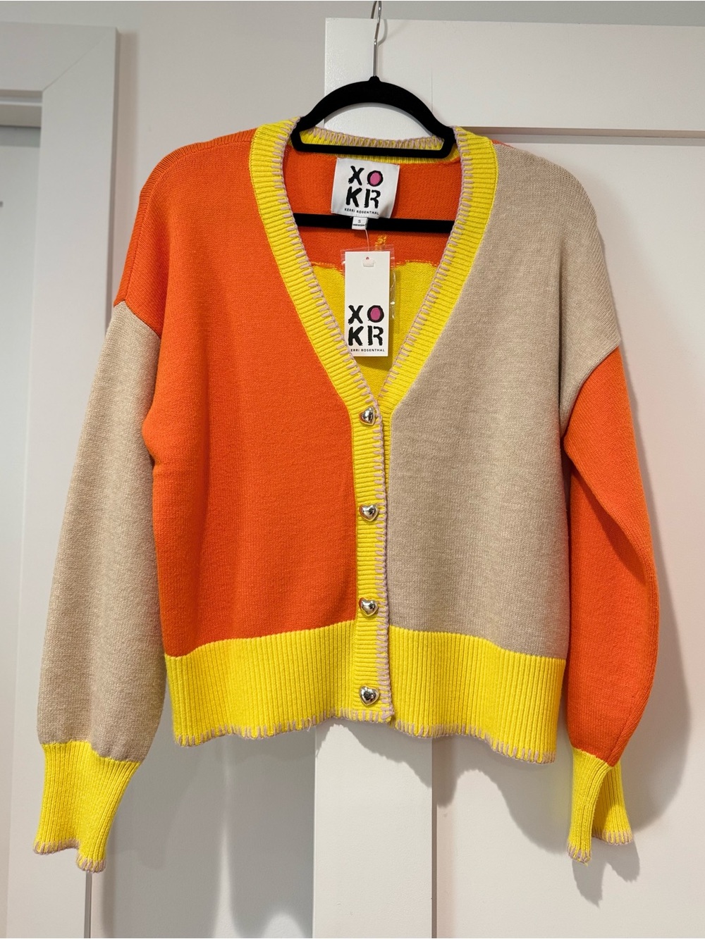 Colorblock V-Neck Cardigan - Orange, Beige & Yellow
